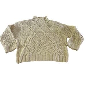 VTG Y2K 2000s Cream Wool Blend Cable Knit Turtleneck Sweater Sz M Fisherman